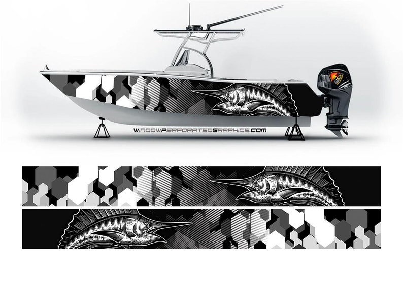Fishing Boat Trailer - Camo Black and White Marlin Fish
